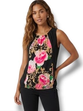 New York & Company Women’s Black Pink Floral Sleeveless Blouse – XS Gently Used